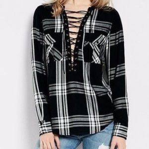 Express Black & White Plaid Lace Up Top